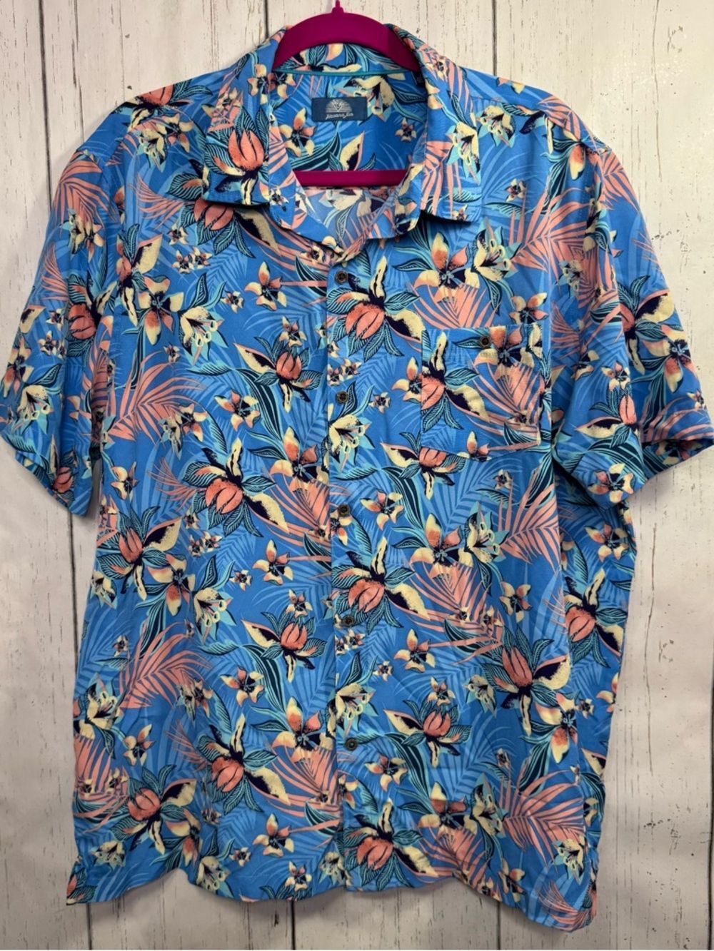 Havana Jim Tropical Hawaiian Button Up Shirt Blue Floral Mens XL Resort Vacation